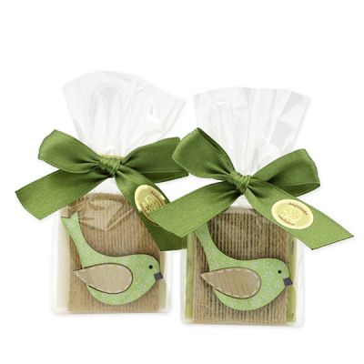 Schafmilchseife Quadrat 35g dekoriert mit Vogel in Cello, Classic/Eisenkraut 