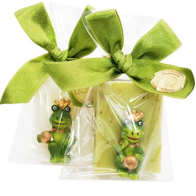 Schafmilchseife Wiener Gästeseife 25g dekoriert mit Froschkönig in Cello, Classic/Eisenkraut 