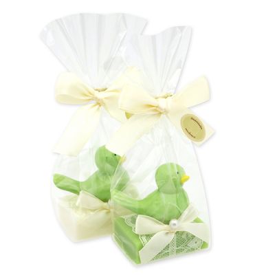 Sheep milk guest soap 25g decorated with a bird in a cellophane bag, Classic/pear 
