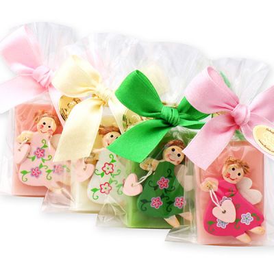 Sheep milk soap 25g, decorated with a wooden angel in a cellophane, sorted 