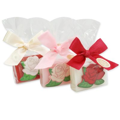 Sheep milk guest soap 25g decorated with wooden rose, sorted 