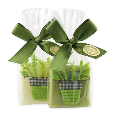 Sheep milk quadrat soap 35g decorated with a herbs-ribbon in a cellophane, Classic/verbena 