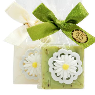 Sheep milk soap quadrat 35g, decorated with a flower in a cellophane, Classic/verbena 