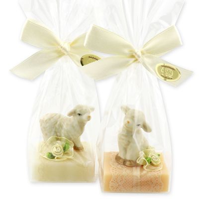 Sheep milk soap quadrat 35g decorated with a lamb in a cellophane, Classic/Swiss pine 