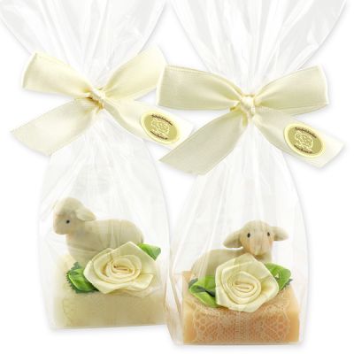 Sheep milk soap quadrat 35g decorated with a lamb in a cellophane, Classic/Swiss pine 
