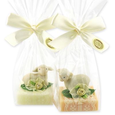 Sheep milk soap quadrat 35g decorated with a lamb in a cellophane, Classic/Swiss pine 