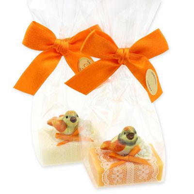Sheep milk guest soap 25g decorated with a bird in a cellophane bag, Classic/Orange 