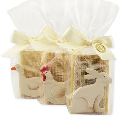 Sheep milk soap 100g decorated with wooden animals in a cellophane bag, Classic/swiss pine/shea butter 