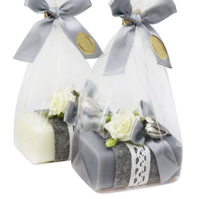 Schafmilchseife eckig 100g dekoriert mit Rosen in Cello, Classic/Edelweiß silber 