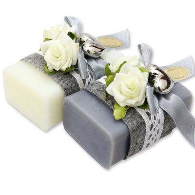 Schafmilchseife eckig 100g dekoriert mit Rosen, Classic/Edelweiß silber 