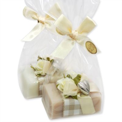 Schafmilchseife eckig 100g dekoriert mit Rosen in Cello, Classic/Mandelöl 