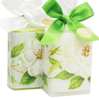 Schafmilchseife eckig 100g dekoriert mit Dekoband 'Rose' in Cello, Classic/Birne 