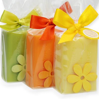 Sheep milk soap 100g decorated with a flower in a cellophane, sorted 