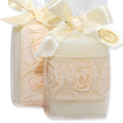 Schafmilchseife eckig 100g dekoriert mit Rosenband creme in Cello, Classic 