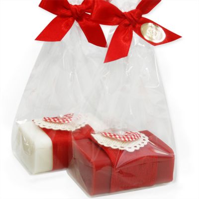 Sheep milk soap 100g decorated with a checkered fabric heart in a cellophane, Classic/pomegranate 