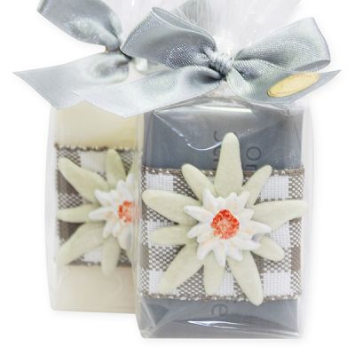 Sheep milk soap 100g decorated with Edelweiss in a cellophane, Edelweiss white/silver 