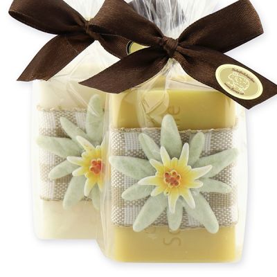 Sheep milk soap 100g decorated with Edelweiss in a cellophane, Swiss pine/Edelweiss 