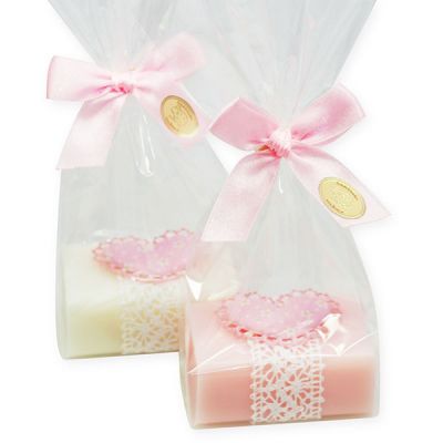 Sheep milk soap 100g decorated with fabric heart packed in a cellophane bag, Classic/peony 
