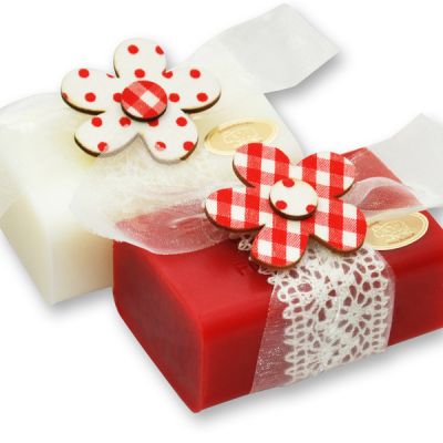 Sheep milk soap 100g decorated with a wooden flower, Classic/pomegranate 