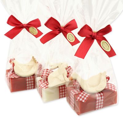 Sheep milk soap 100g decorated with wood animals in a cellophane, Classic/pomegranate 