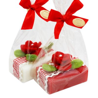 Sheep milk soap 100g decorated with a felt flower in a cellophane, Classic/pomegranate 