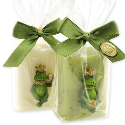 Schafmilchseife eckig 100g dekoriert mit Froschkönig in Cello, Classic/Eisenkraut 
