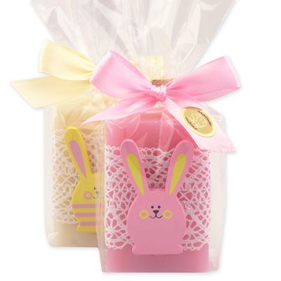 Sheep milk soap 100g decorated with a wooden rabbit in a cellophane bag, Classic/peony 