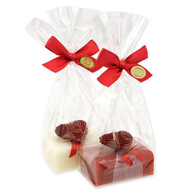 Schafmilchseife eckig 100g dekoriert mit Herz in Cello, Classic/Granatapfel 