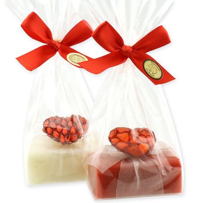 Sheep milk soap 100g decorated with red glitter heart in a cellophane, Classic/rose 