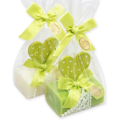 Schafmilchseife eckig 100g dekoriert mit Punktherz in Cello, Classic/Birne 