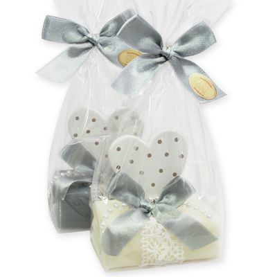 Schafmilchseife eckig 100g dekoriert mit Punktherz in Cello, Classic/Edelweiß silber 
