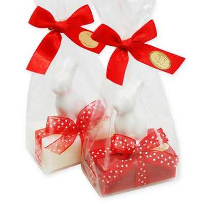 Sheep milk soap 100g, decorated with ceramic rabbit in a cellophane, Classic/pomegranate 