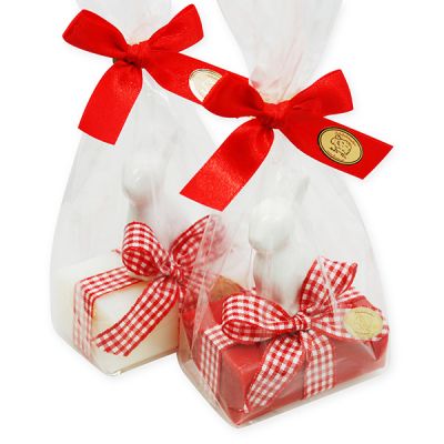 Sheep milk soap 100g decorated with a ceramic rabbit in a cellophane, Classic/pomegranate 