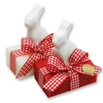 Sheep milk soap 100g decorated with a ceramic rabbit, Classic/pomegranate 