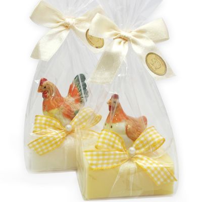 Sheep milk soap 100g, decorated with a ceramic hen in a cellophane, Classic/chamomile 