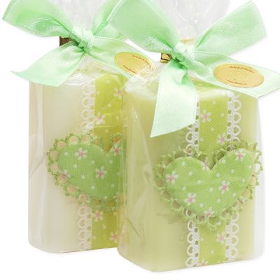 Schafmilchseife eckig 100g dekoriert mit Stoffherz in Cello, Classic/Wiesenblume 