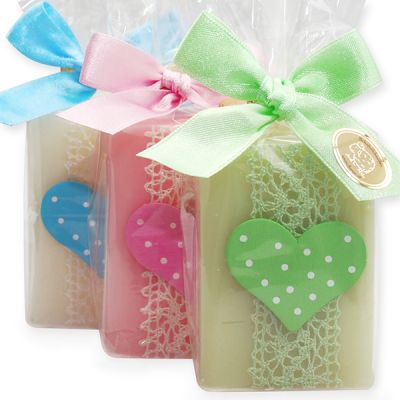 Sheep milk soap 100g, decorated with a dotted heart in a cellophane, sorted 