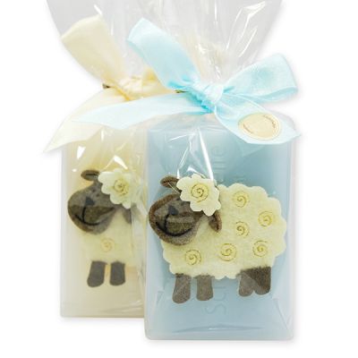 Sheep milk soap 100g decorated with a sheep packed in a cellophane bag, Classic/Forget me not 