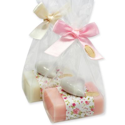 Sheep milk soap 100g, decorated with a heart in a cellophane, Classic/peony 