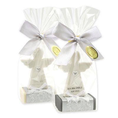 Schafmilchseife eckig 25g dekoriert mit Schutzengel mit Herz in Cello, Classic/Christrose 