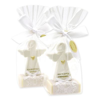 Schafmilchseife eckig 25g dekoriert mit Schutzengel mit Herz in Cello, Classic/Schneerose 