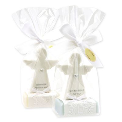 Sheep milk soap square 25g decorated with guardian angel with heart in a cellophane bag, Classic/Forget-me-not 