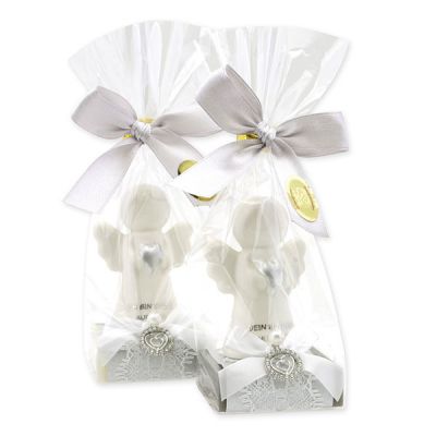 Schafmilchseife eckig 35g dekoriert mit Schutzengel mit Herz in Cello, Classic/Christrose 