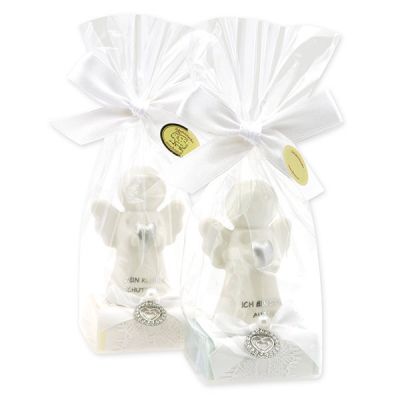 Sheep milk soap square 35g decorated with guardian angel with heart in a cellophane bag, Classic/Forget-me-not 