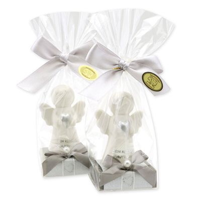 Schafmilchseife eckig 35g dekoriert mit Schutzengel mit Herz in Cello, Classic/Christrose 