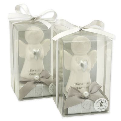 Schafmilchseife eckig 35g dekoriert mit Schutzengel mit Herz in Cellobox, Classic/Christrose 