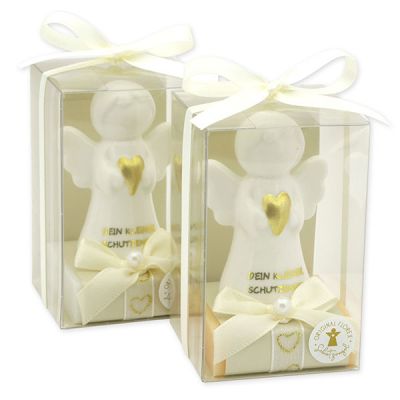 Schafmilchseife eckig 35g dekoriert mit Schutzengel mit Herz in Cellobox, Classic/Zirbe 