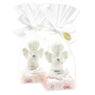 Sheep milk soap square 35g decorated with guardian angel with heart in a cellophane bag, Classic/Jasmine 
