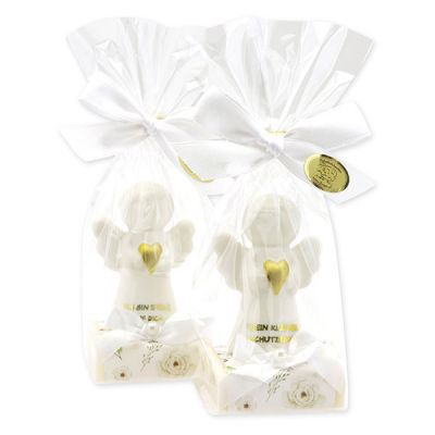 Schafmilchseife eckig 35g dekoriert mit Schutzengel mit Herz in Cello, Classic/Schneerose 