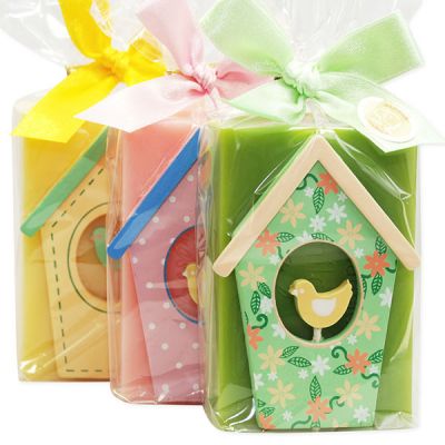 Sheep milk soap 150g decorated with a bird house in a cellophane, sorted 